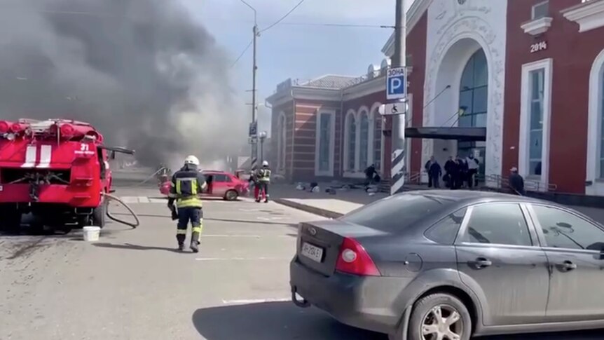 Smoke rises after Russian shelling at the railway station in Kramatorsk