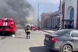 Smoke rises after Russian shelling at the railway station in Kramatorsk