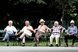 Elderly men sit on a park bench and enjoy the sun