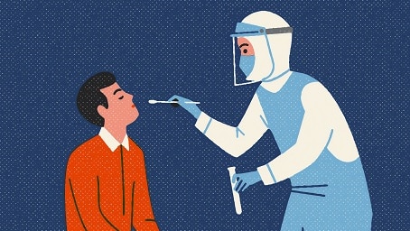 An illustration showing a doctor/nurse giving someone a nasal swab