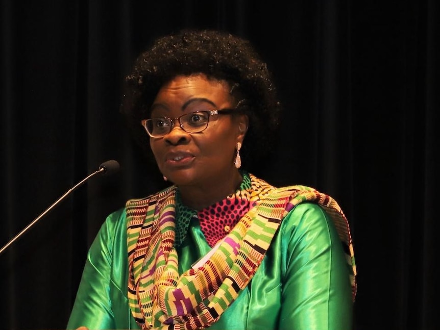 A dark-skinned woman wearing glasses and bright-coloured clothes speaks into a standing microphone.