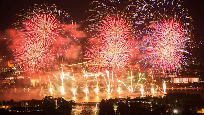 View from Mt Ainslie of the fireworks spectacular.