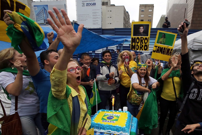 People celebrate Dilma Rousseff's removal on the streets of Sao Paulo.