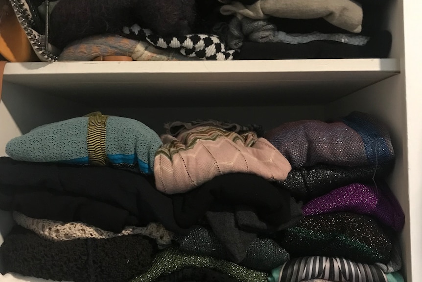 A picture of Tamara's folded clothing in two shelves.