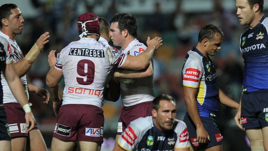 Manly celebrates Lyon try against Cowboys