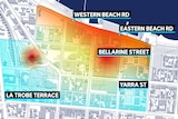 A graphic map showing different areas of low and high visitation in Geelong's CBD. 
