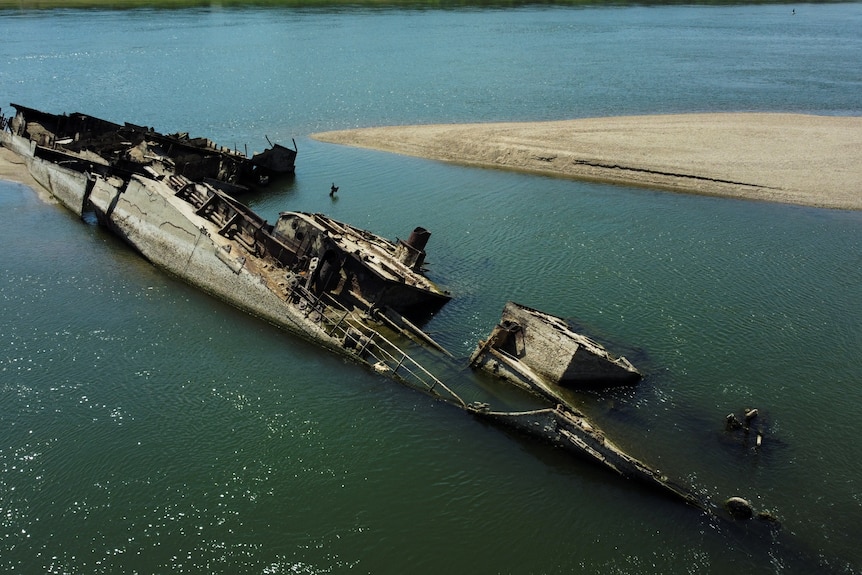 Exposed wreckage of a World War II German warship in the Danube