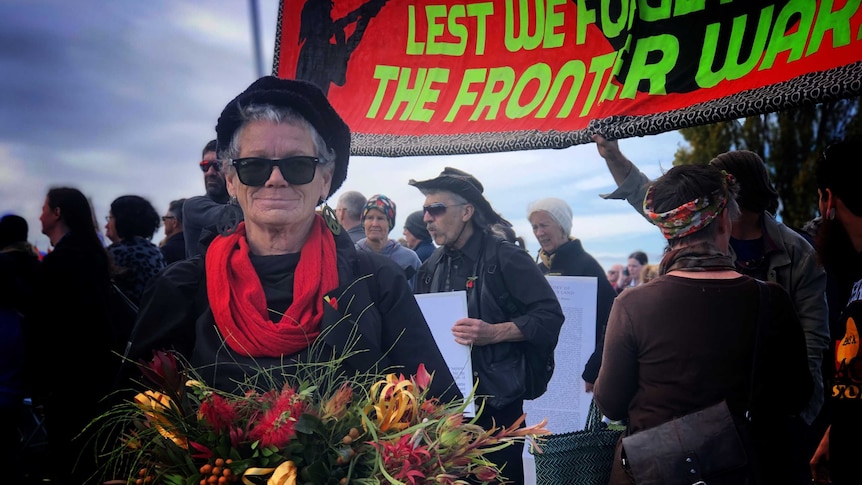 Aunty Wendal Pitchford led the Frontier Wars contingent at Thursday's march.