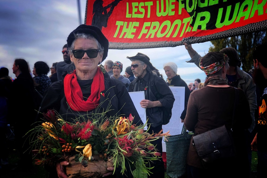 Aunty Wendal Pitchford led the Frontier Wars contingent at Thursday's march.