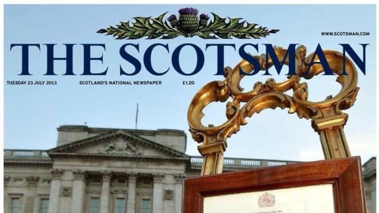 Front page of The Scotsman announcing the birth of a son to Prince William and Catherine.