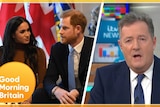 A composite image of Meghan Markle, Prince Harry and Piers Morgan.