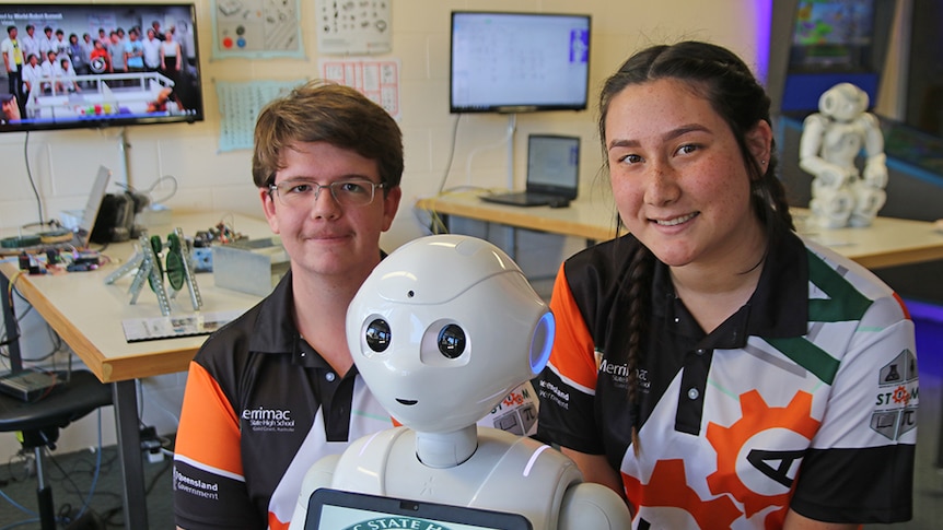 Robotics students Andrew Hamenko and Maya Wood from Merrimac SHS, Gold Coast