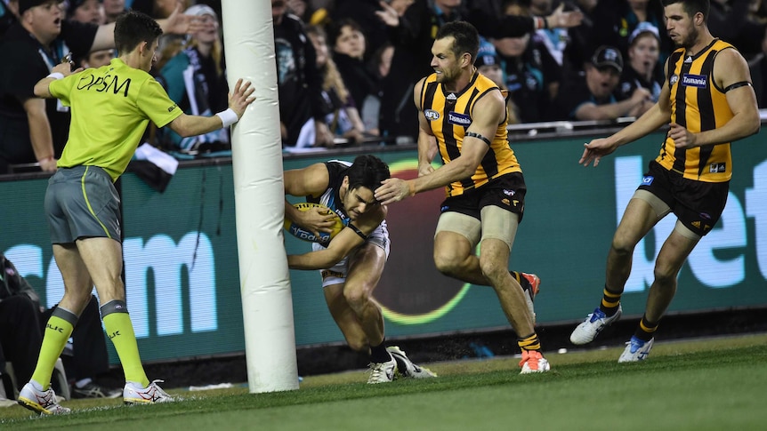Hawthorn captain Luke Hodge bumps Port Adelaide's Chad Wingard into the point post at Docklands.