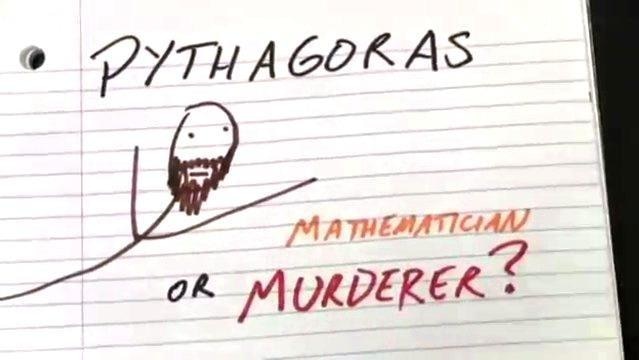 Handwriting on paper reads "Pythagoras, Mathematician or murderer?"