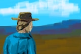 highly dramatic drawing of a woman in a blue collared shirt and a hat looking out over the landscape