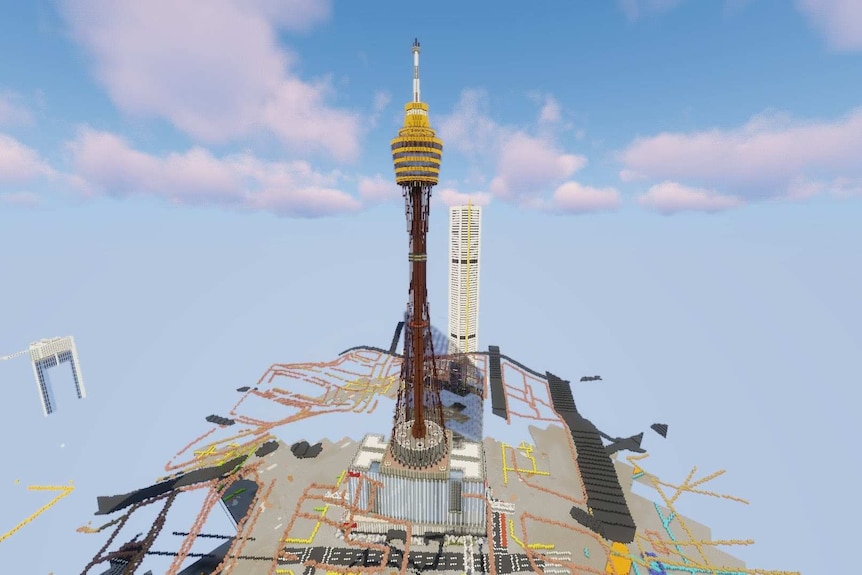 Sydney Tower rendered in the video game Minecraft.
