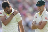 Mitchell Starc grimaces as he holds his shoulder as Pat Cummins looks disappointed next to him