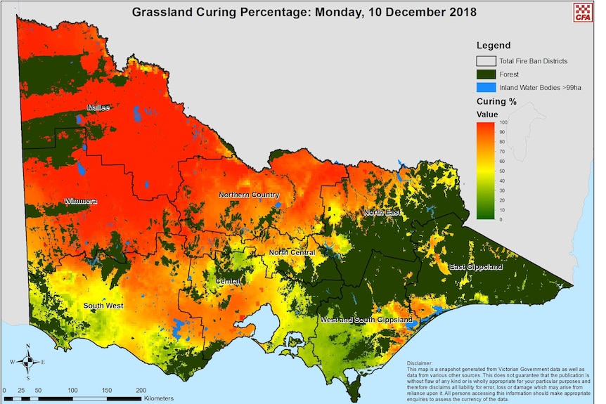 A map of Victoria showing how dry grasslands are.