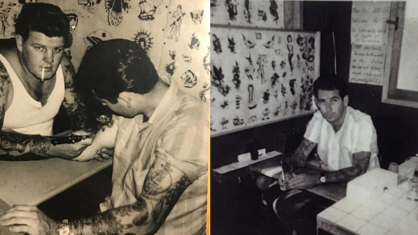 A composite image of a man tattooing another man's arm and a man sitting with tattoo designs on the wall.