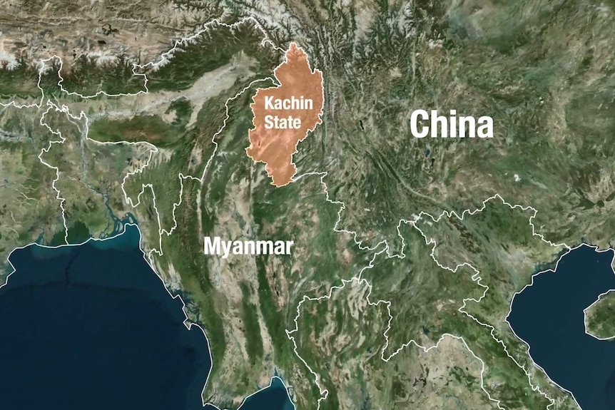 A map showing the proximity of Myanmar's northern Kachin State to China. They share a long border on Kachin State's east.