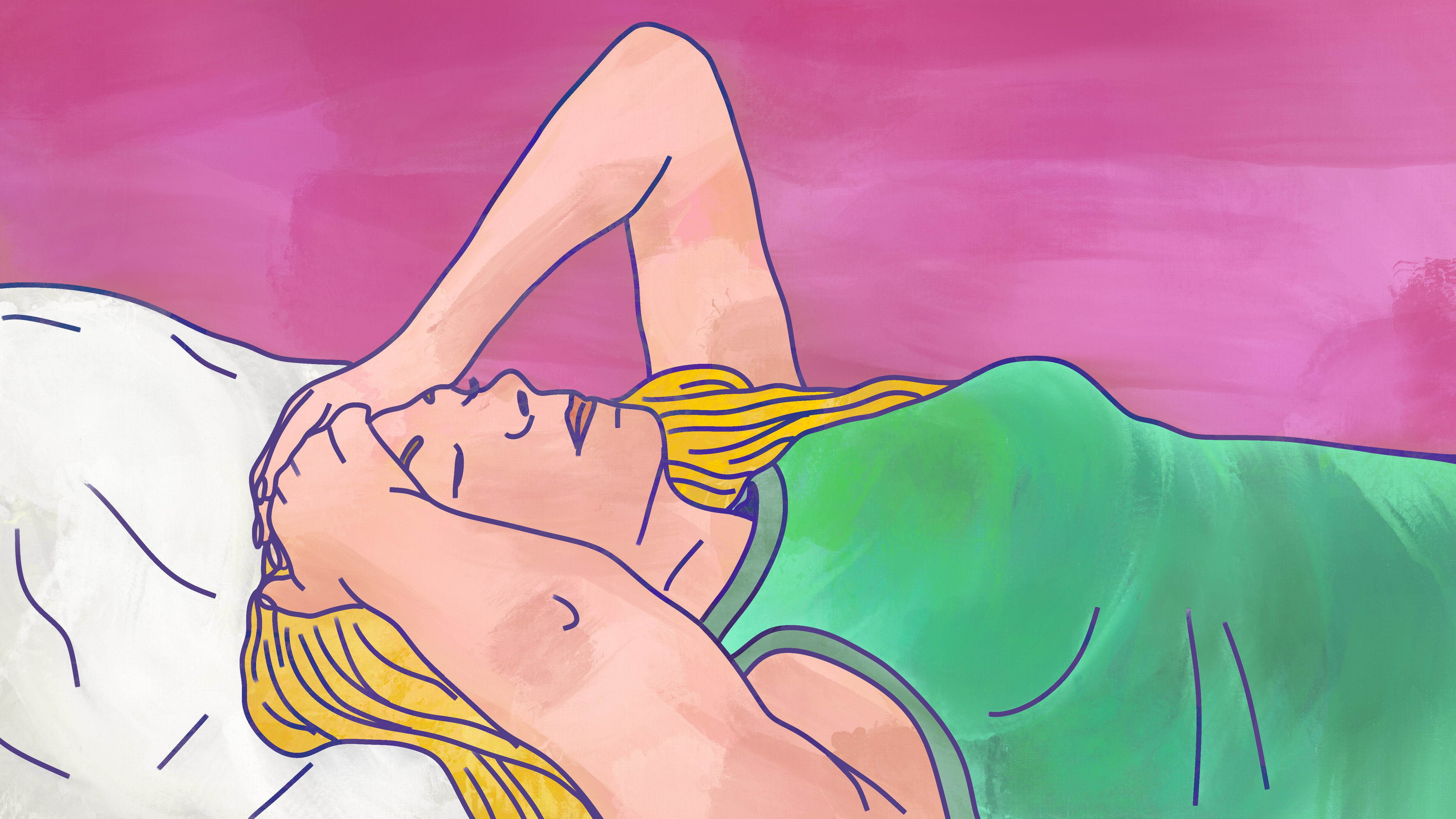 An ilustration of a woman lying on a bed with her hands on her head and her eyes closed.