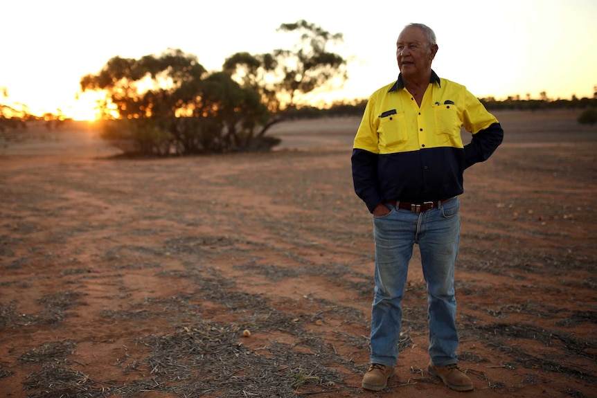 A wide shot of Kevin Barron standing in a barren paddock.