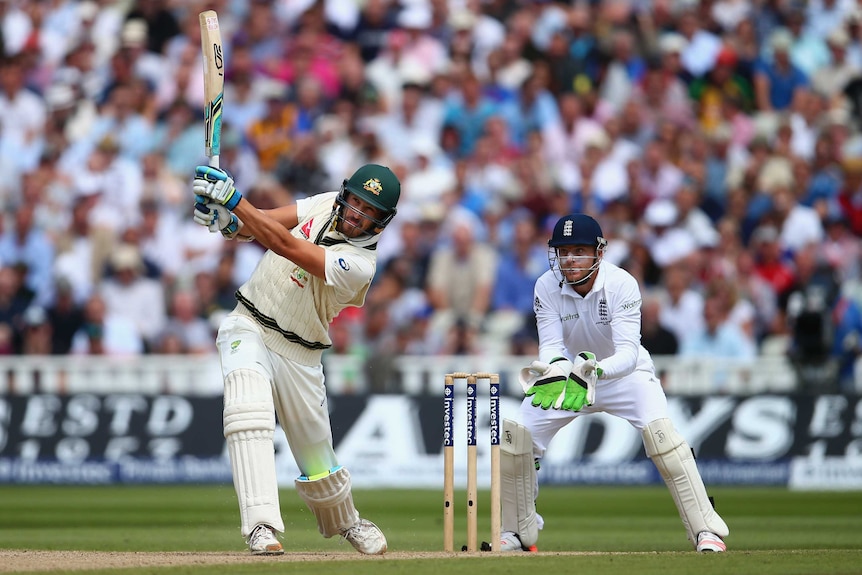 Mitchell Starc bats for Australia on day three at Edgbaston.