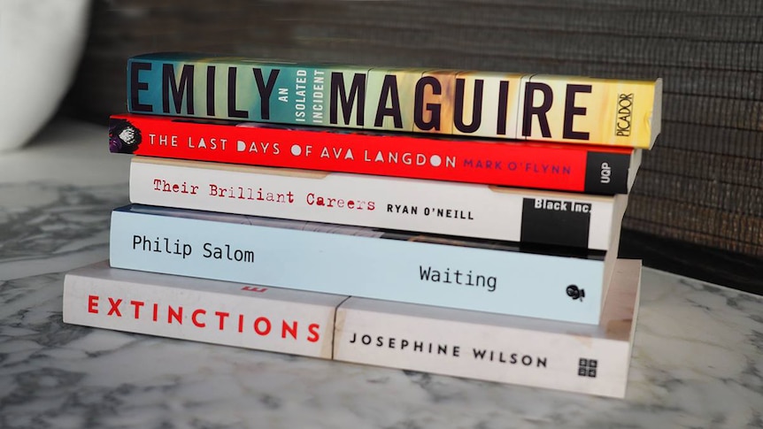 Miles Franklin Literary Award 2017 shortlisted books stacked up on a marble table.