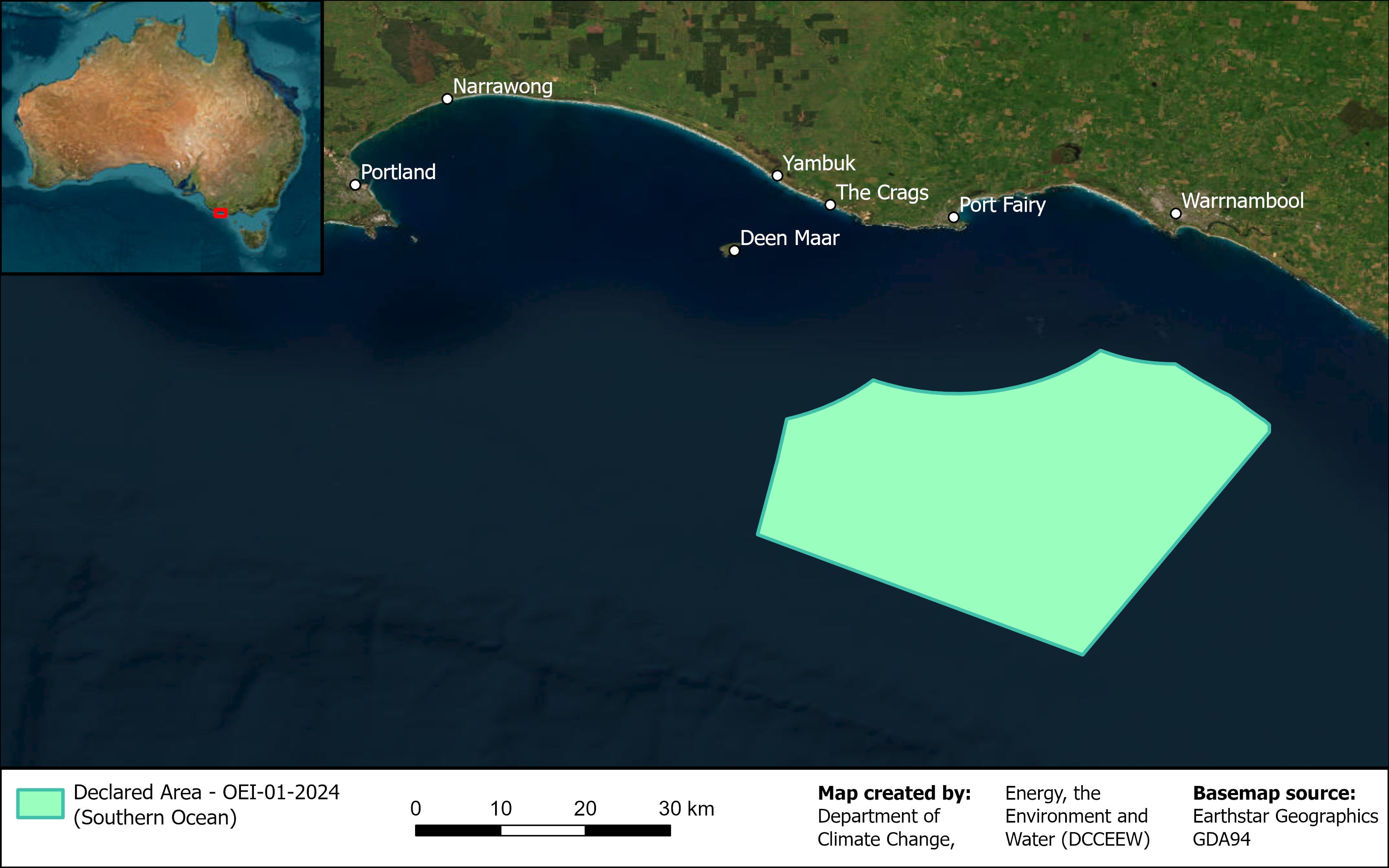 A map shows a section of ocean highlighted as the offshore wind zone.