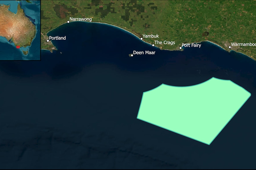 A map shows a section of ocean highlighted as the offshore wind zone.