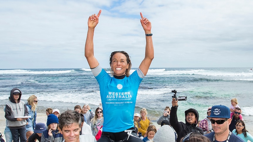 Sally Fitzgibbons after her World Surf League win in Margaret River in 2017.