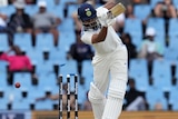 An Indian batter is bowled in the men's Test against South Africa in Pretoria.