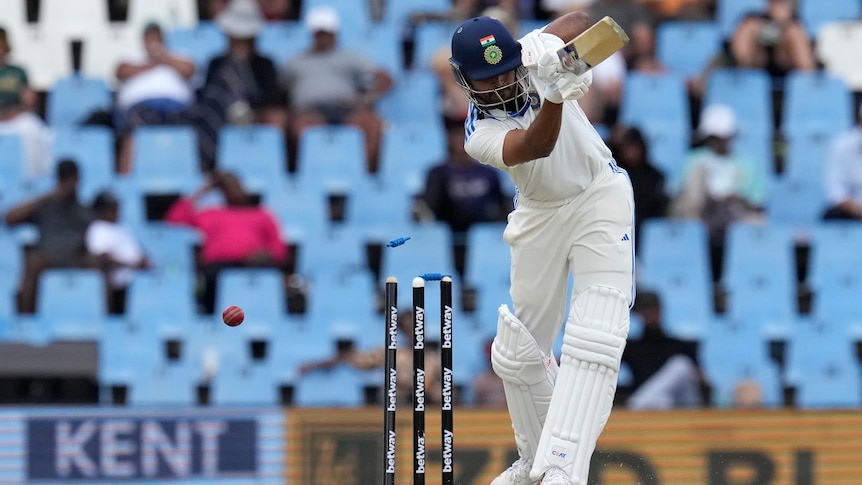 An Indian batter is bowled in the men's Test against South Africa in Pretoria.