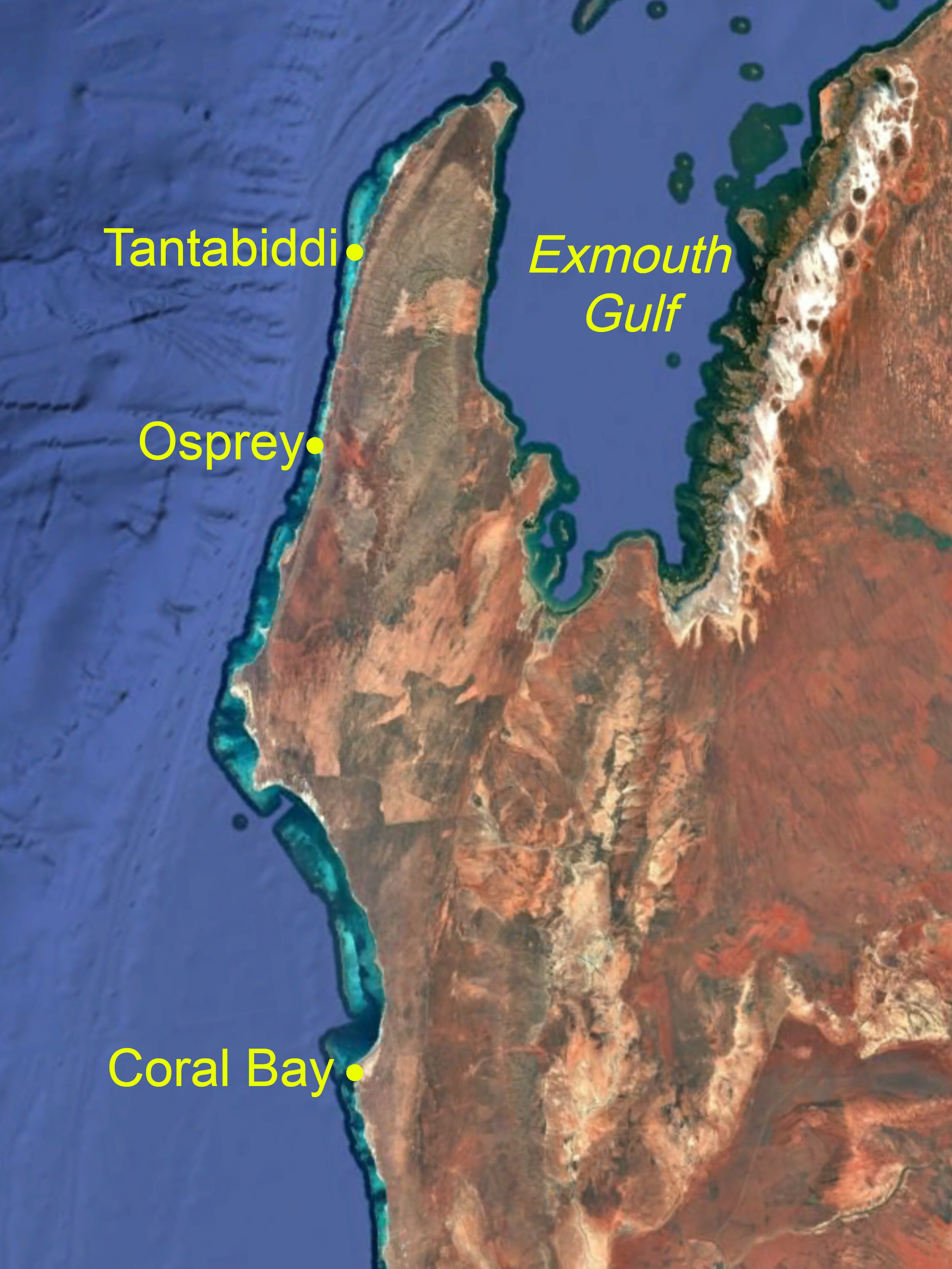 A satellite map showing Tantabiddi, Osprey, and the Exmouth Gulf.