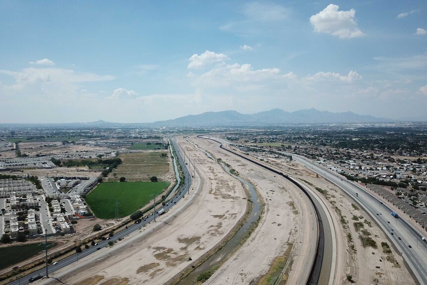 A birds eye view of the border wall between Texas and Mexico