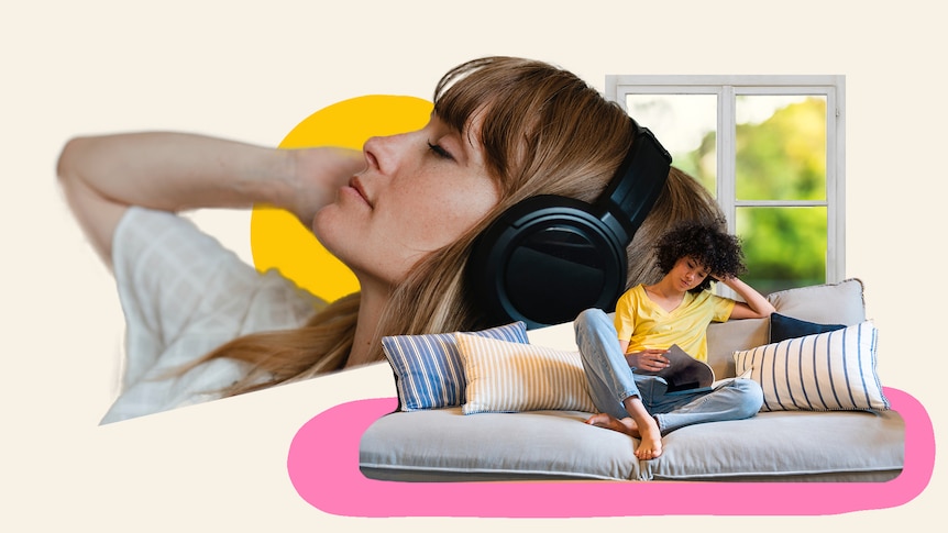 A cutout black woman sits on a sofa and reads a book, with a cutout white woman listening to something using headphones above