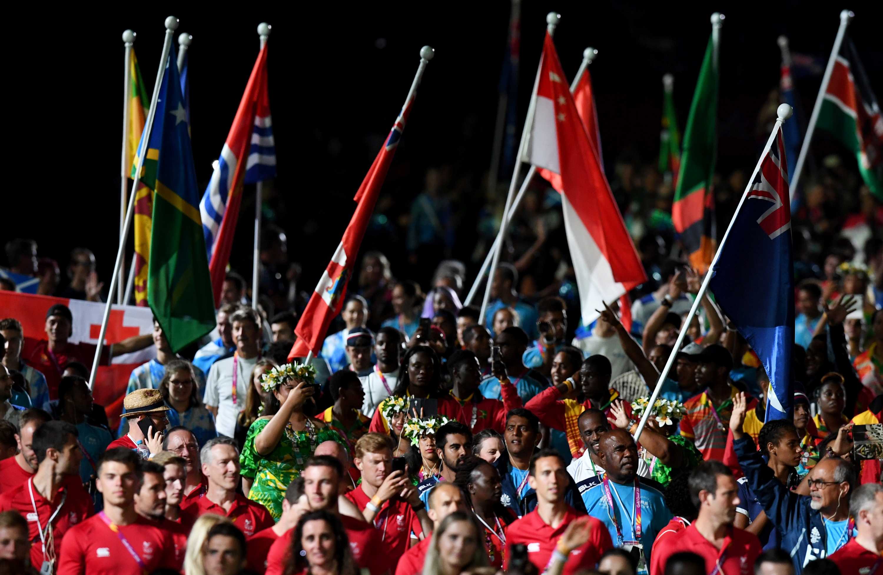Athletes are seen before the start of the closing ceremony of the XXI Commonwealth Games on the Gold Coast.