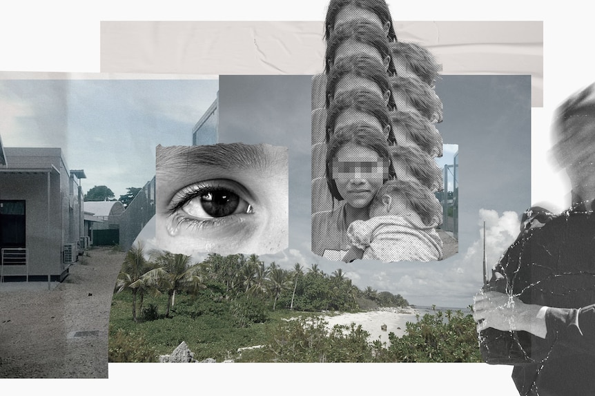 A collage of buildings on Nauru, an eye with a tear, a woman holding a child and an unidentifiable security guard