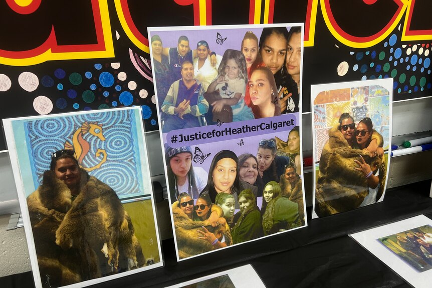 Photos of a woman hugging family and friends are arranged in a collage with "Justice for Heather Calgaret" at the centre