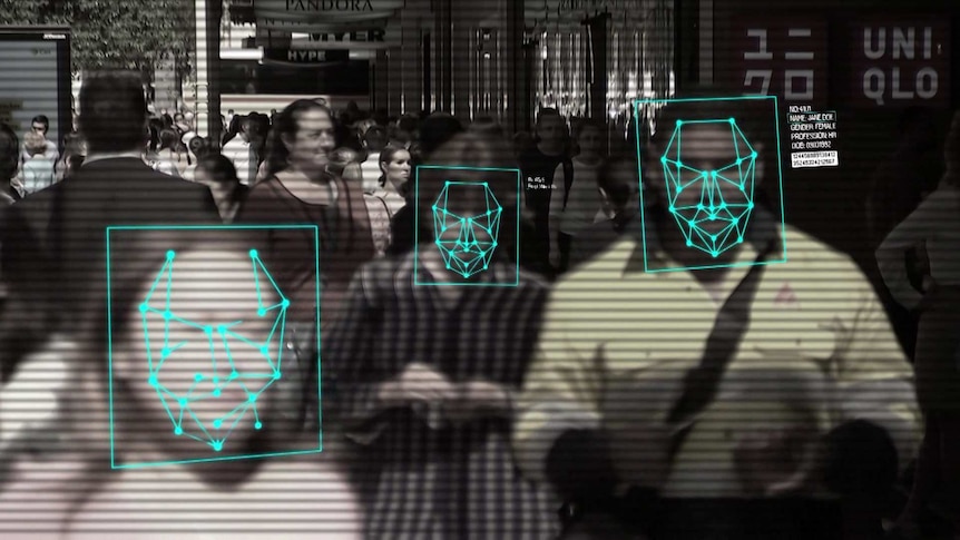 A graphic of people on a crowded street with the faces of some people scanned