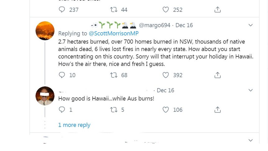 A screenshot of twitter replies to a tweet by Scott Morrison, criticising his decision to go on holiday