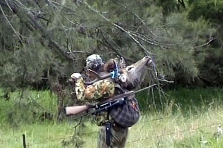 Deer hunter carrying 'trophy'.