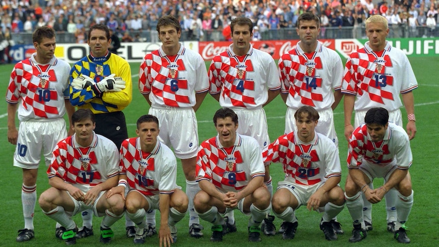 Croatia's starting 11 pose for a photo on the pitch before its 1998 World Cup semi-final against France.