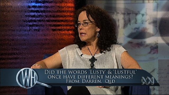 Presenters sit on set, text overlay reads "Did the words 'Lusty' and 'Lustful' once have different meanings?"