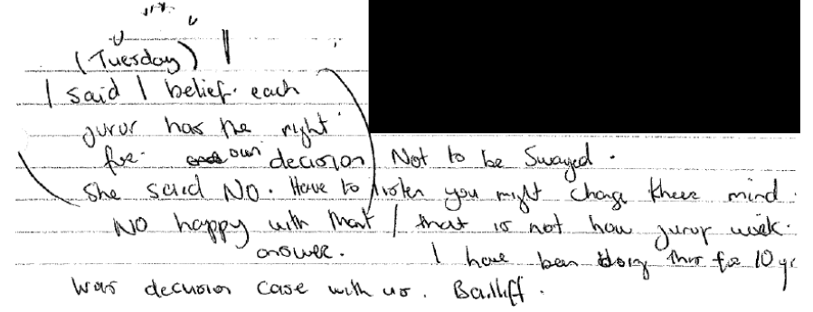 copy of a note from a juror.