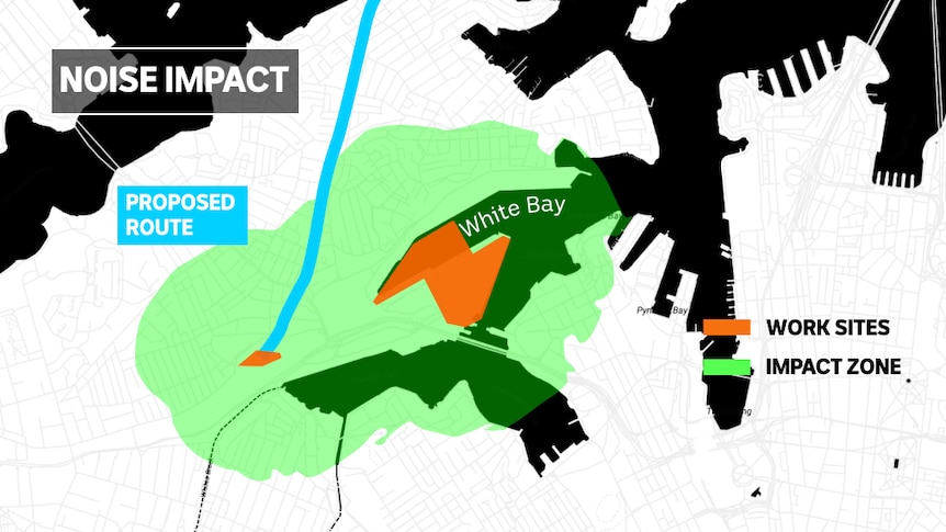 Noise imaging map showing the impact noise will have in and around the White Bay area.