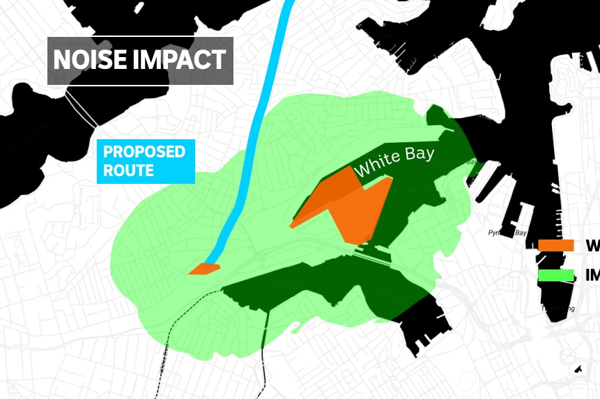 Noise imaging map showing the impact noise will have in and around the White Bay area.