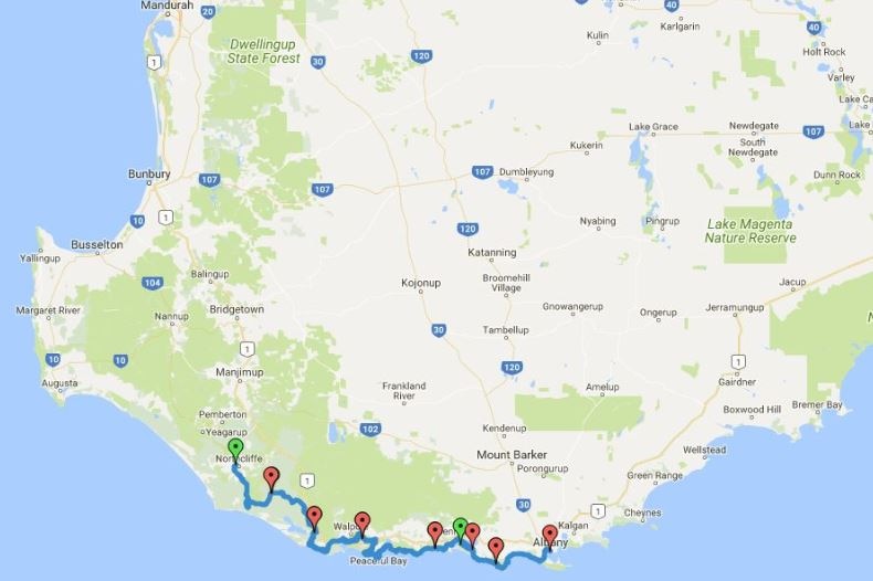 A map of the south west corner of WA with a route marked along the Bibbulmun Track.