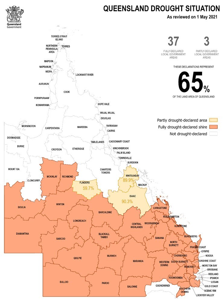 A map showing which Queensland Local Government Area's remain in drought as of 2021.