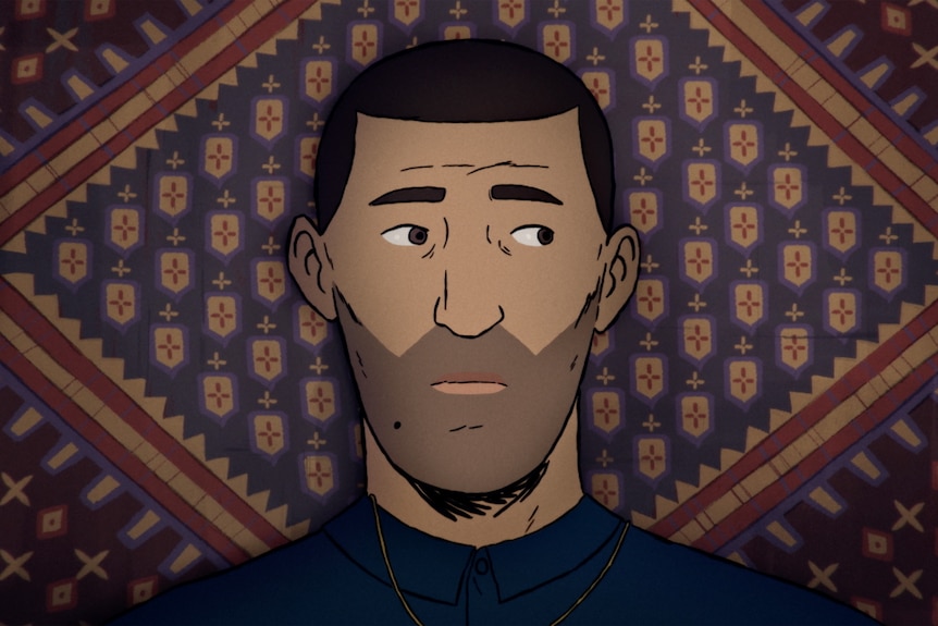 A still from an animated movie featuring a Middle Eastern man lying on a rug and looking uncomfortably to his left